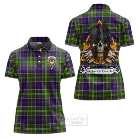 Arnott Tartan Women's Polo Shirt with Family Crest and Bearded Skull Holding Bottles of Whiskey