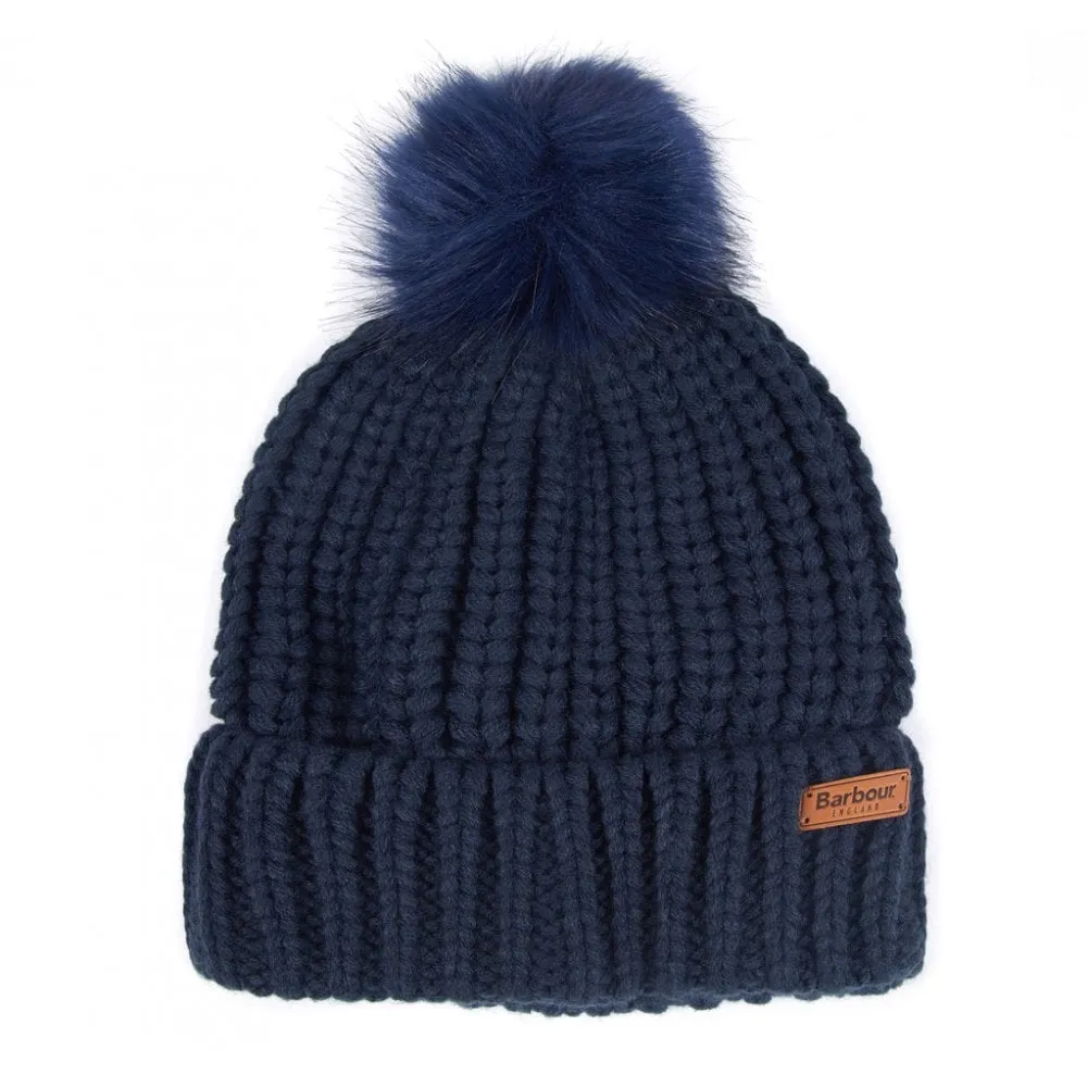 Barbour Ladies Saltburn Beanie Hat with Faux Fur Pom-Pom