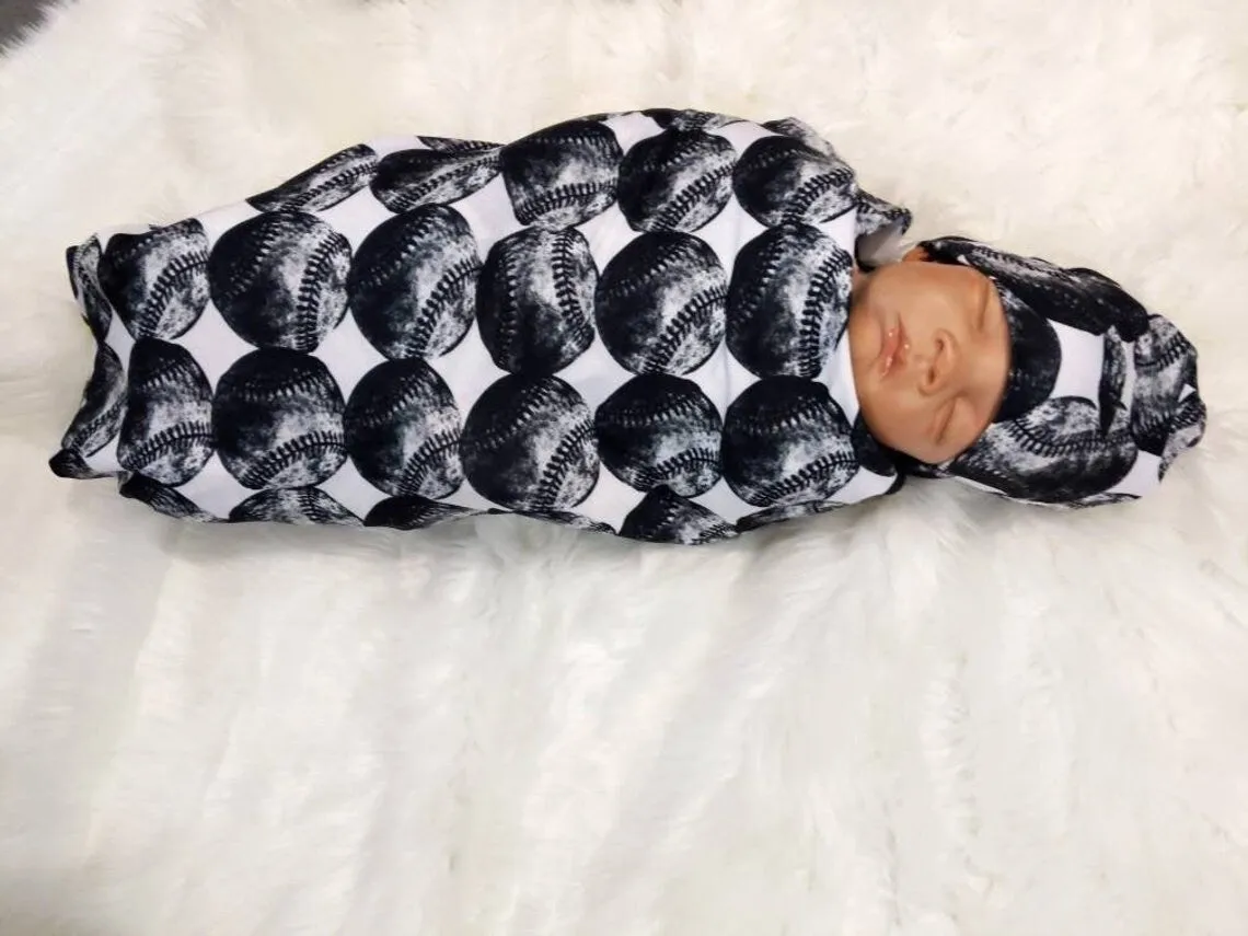 Baseball Baby Swaddle   Hat or Headband,Sports Nursery,Black White Vintage,Receiving Blanket,That My Grandson,Baby Shower