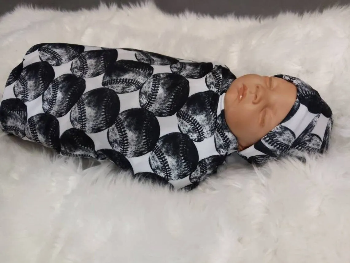 Baseball Baby Swaddle   Hat or Headband,Sports Nursery,Black White Vintage,Receiving Blanket,That My Grandson,Baby Shower