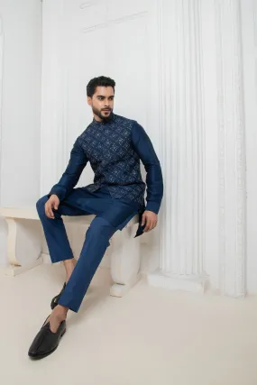 Blue Embellished Jacket With Short Kurta Set