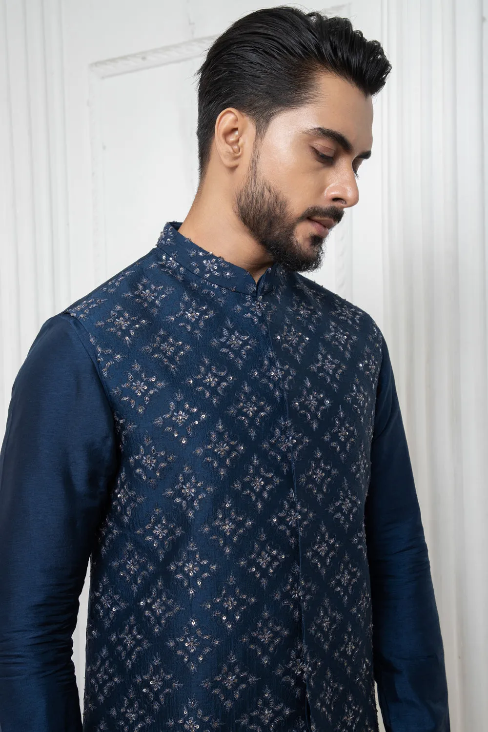 Blue Embellished Jacket With Short Kurta Set