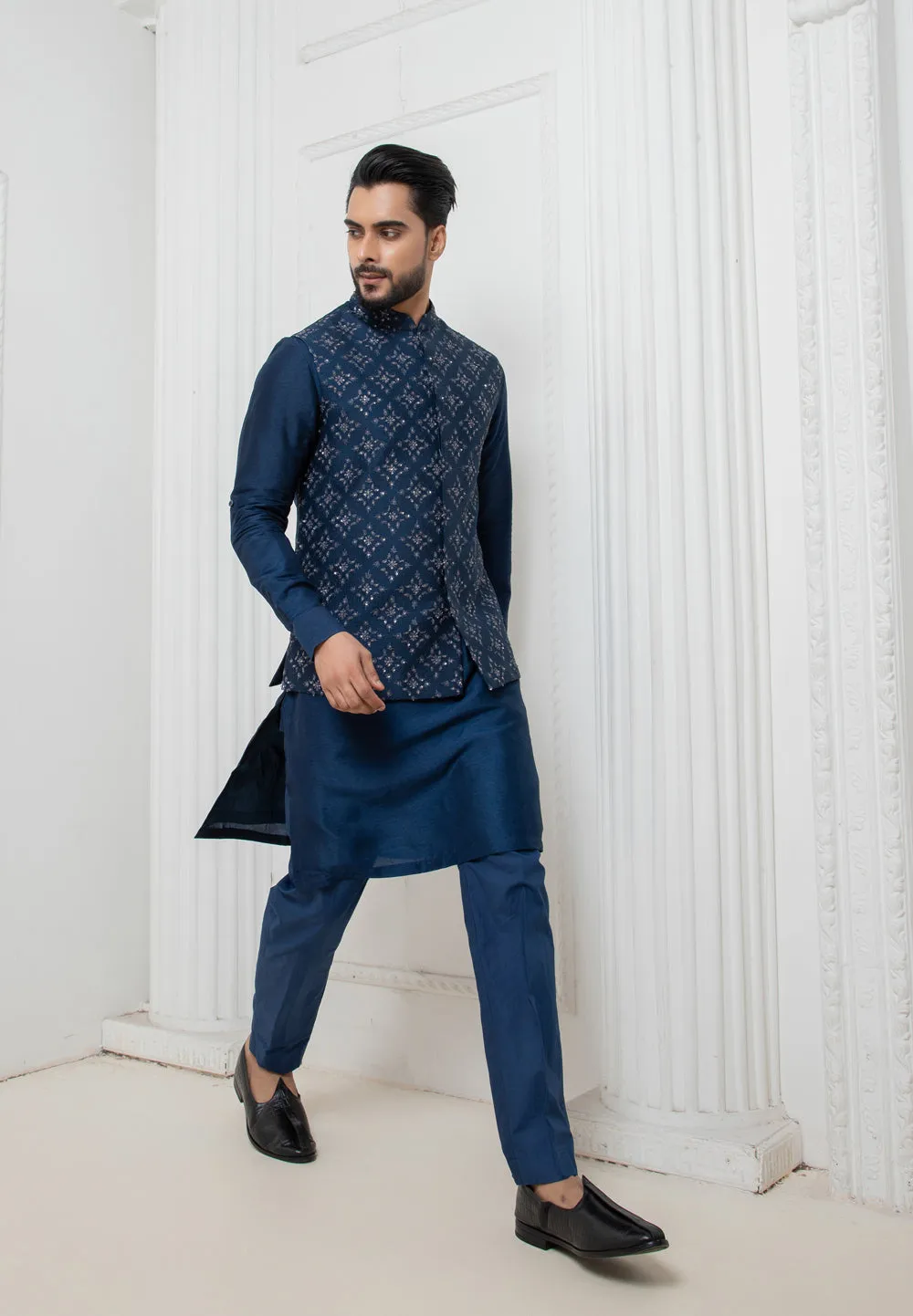 Blue Embellished Jacket With Short Kurta Set