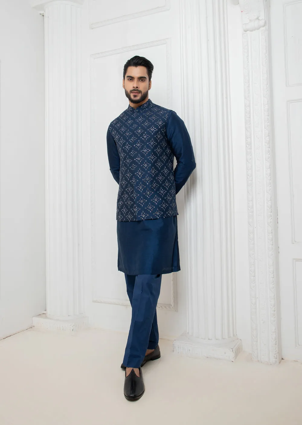 Blue Embellished Jacket With Short Kurta Set