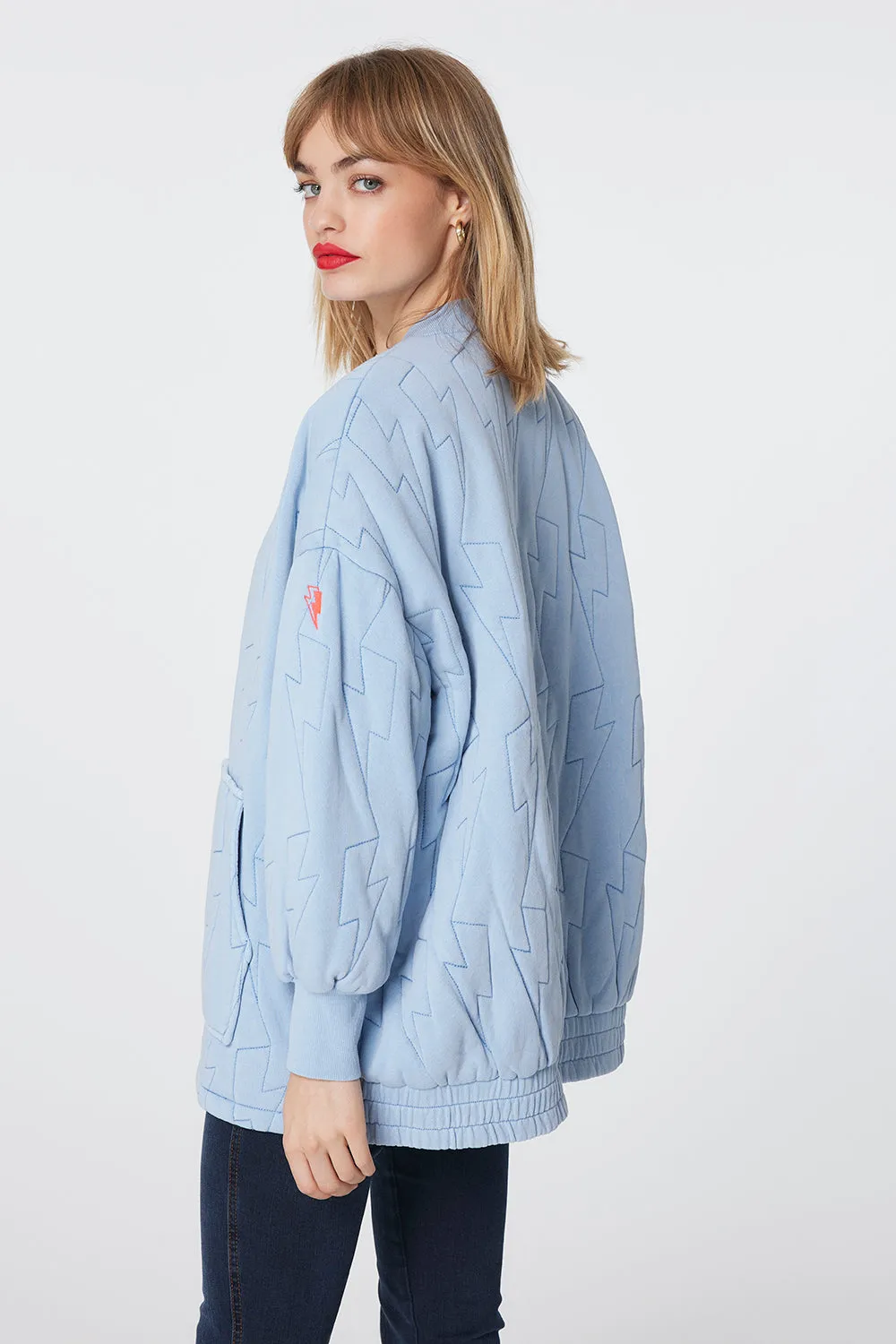 Blue Organic Cotton Quilted Lightning Bolt Oversized Bomber Jacket