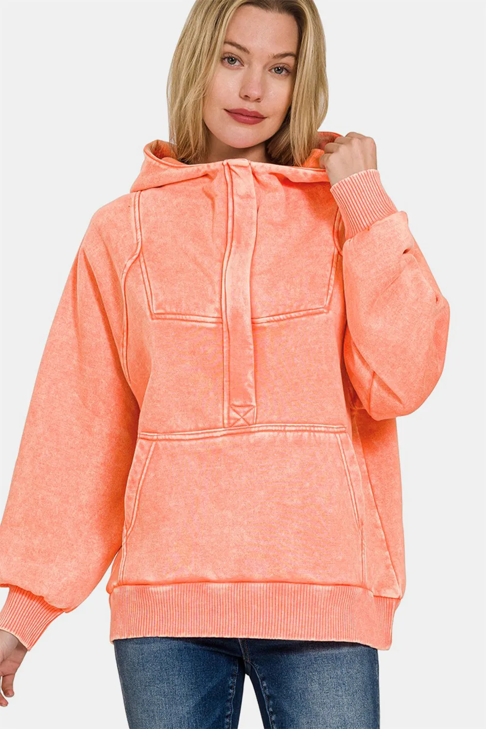 Bohemian Coral Acid Wash Fleece Kangaroo Hoodie