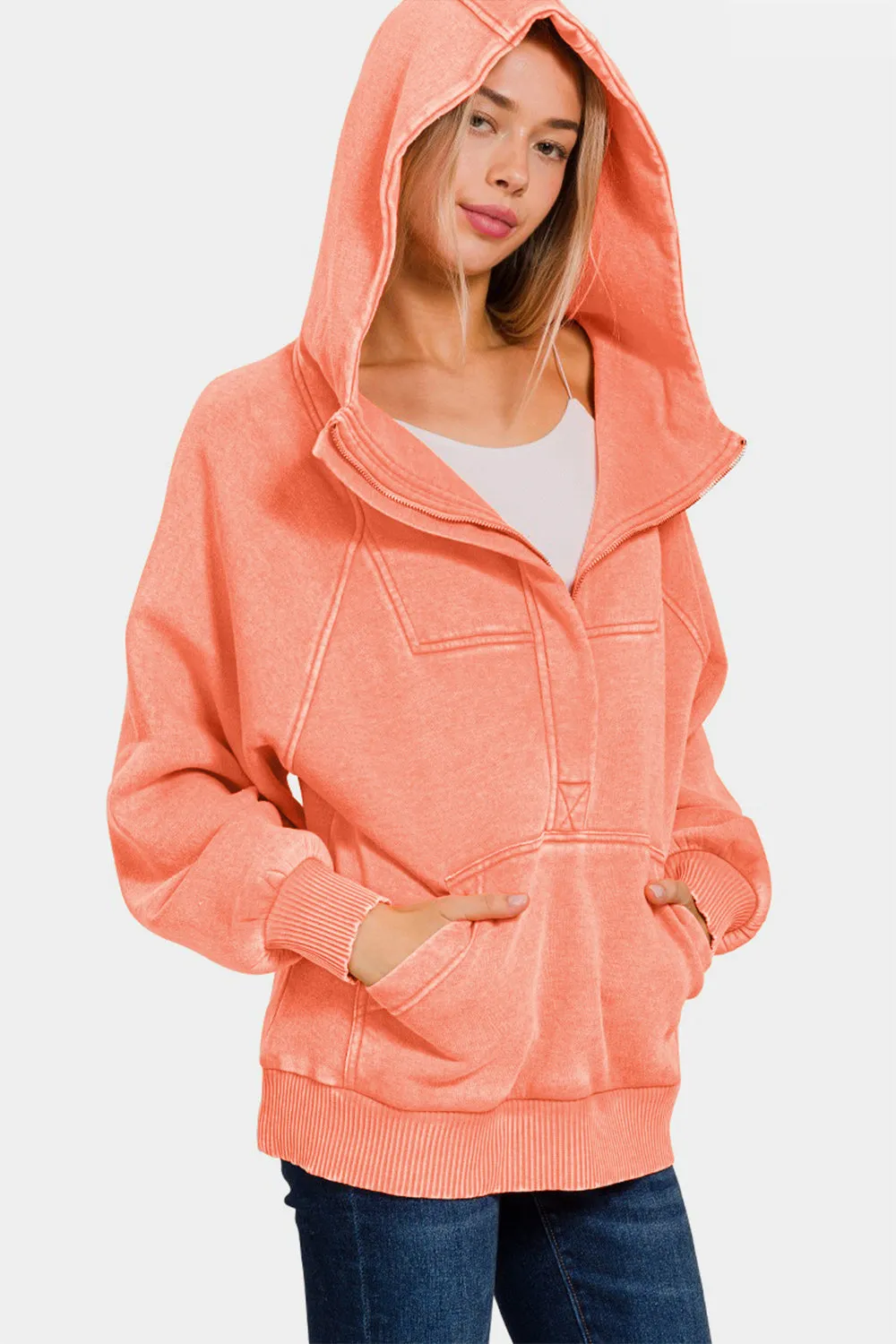 Bohemian Coral Acid Wash Fleece Kangaroo Hoodie