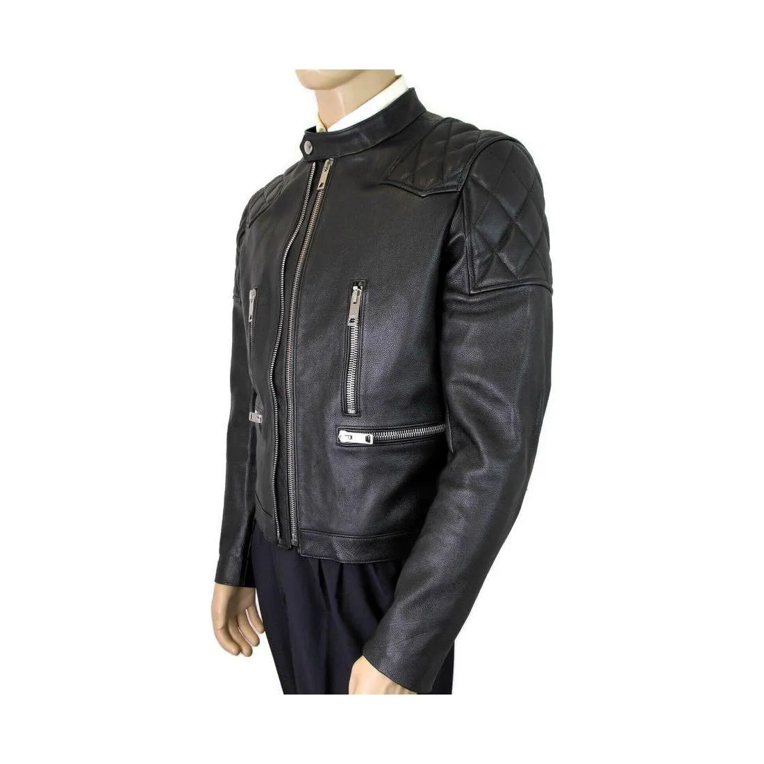 Burberry Men's Black Leather Diamond Quilted Biker Jacket