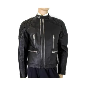 Burberry Men's Black Leather Diamond Quilted Biker Jacket