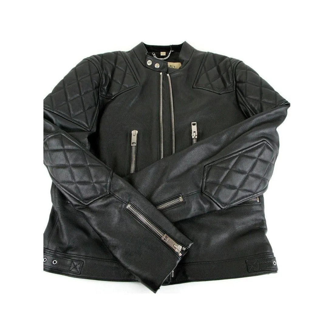 Burberry Men's Black Leather Diamond Quilted Biker Jacket