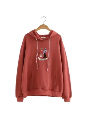 Cartoon Embroidery Women Hoodies Sweatshirts Cotton Sudaderas Mujer Long Sleeve Pocket Drawstring Hooded Pullover Tracksuit