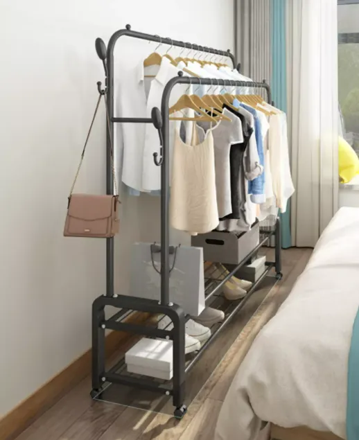 Clothes Storage Drying Rack Foldable Double Pole, With Hooks and Shoe Rack By CN