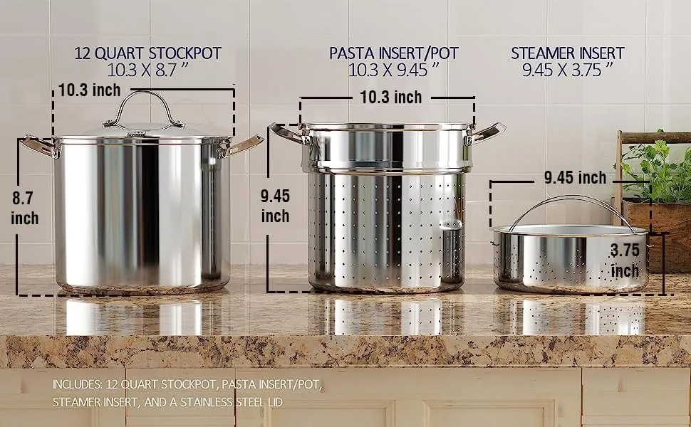 Cooks Standard Pasta Pot 18/10 Stainless Steel 12 Quart, Spaghetti Cooker Steamer Stock Pot Multipots with Strainer Insert, Stainless Steel Lid, 4-Piece Set