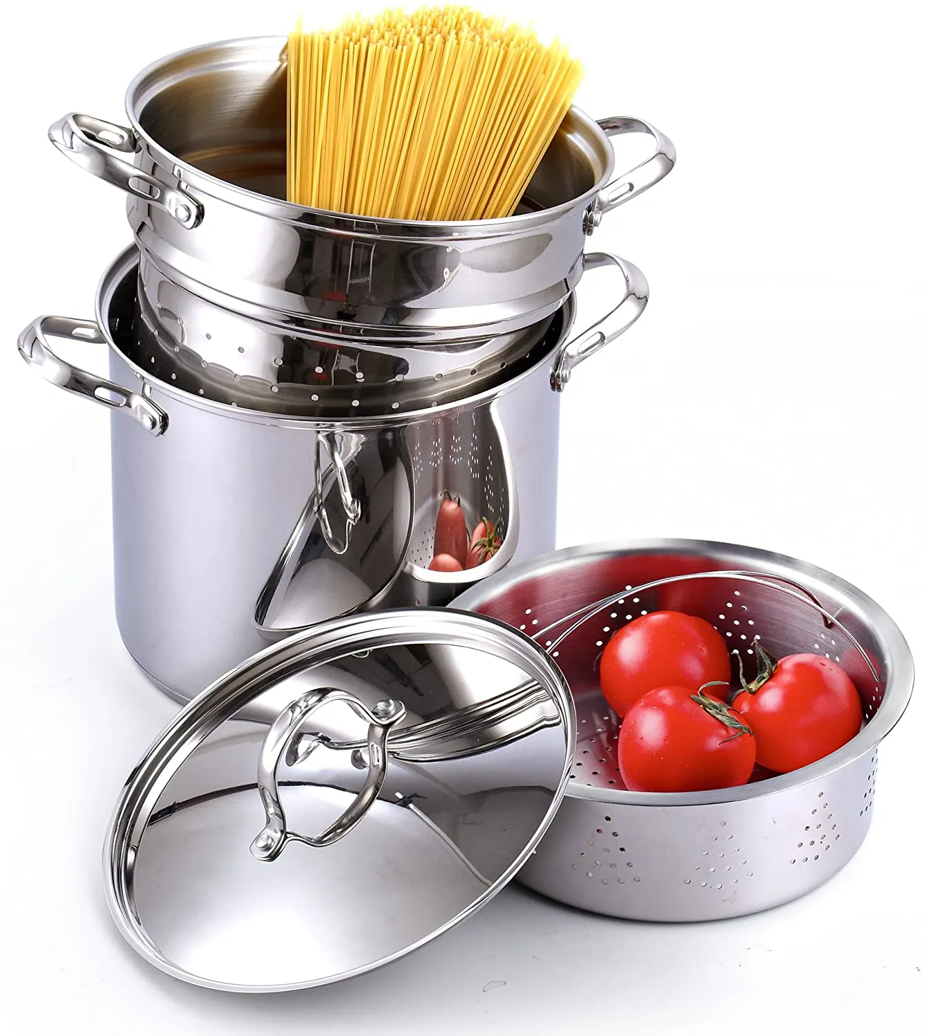 Cooks Standard Pasta Pot 18/10 Stainless Steel 12 Quart, Spaghetti Cooker Steamer Stock Pot Multipots with Strainer Insert, Stainless Steel Lid, 4-Piece Set