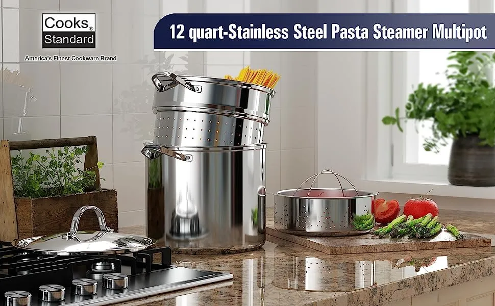 Cooks Standard Pasta Pot 18/10 Stainless Steel 12 Quart, Spaghetti Cooker Steamer Stock Pot Multipots with Strainer Insert, Stainless Steel Lid, 4-Piece Set