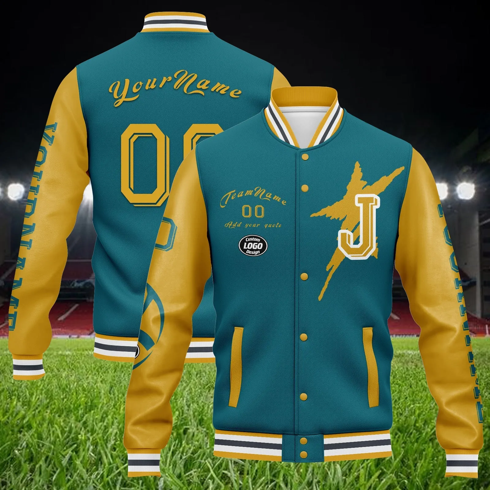 Custom Green Yellow Jacksonville Jacket Bomber Full-Snap Varsity Letterman Personalized Jacket FZ005SX-D020290-16