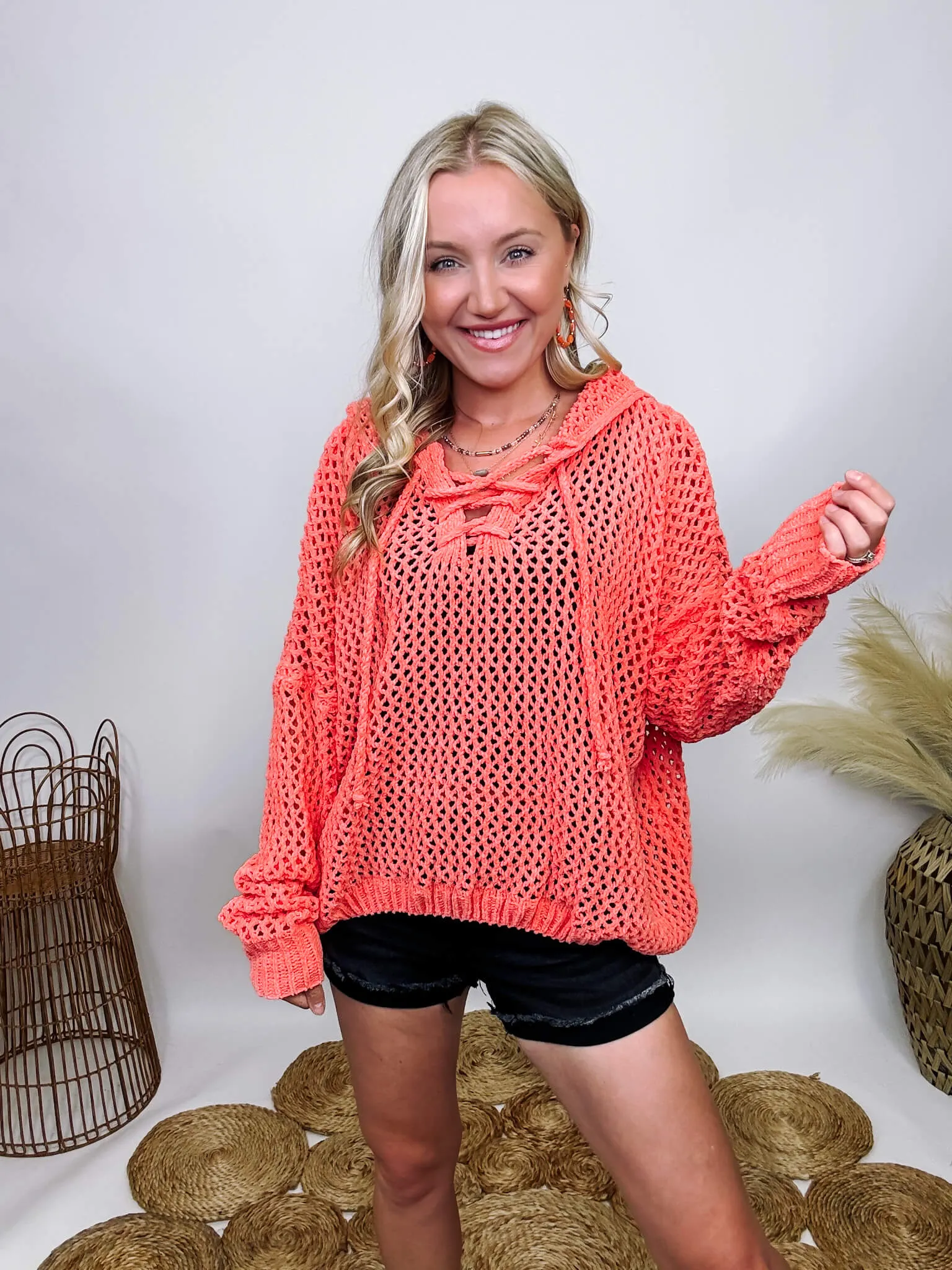 DOORBUSTER - Coral Lace Up Cable Knit Chenille Hoodie Summer Sweater