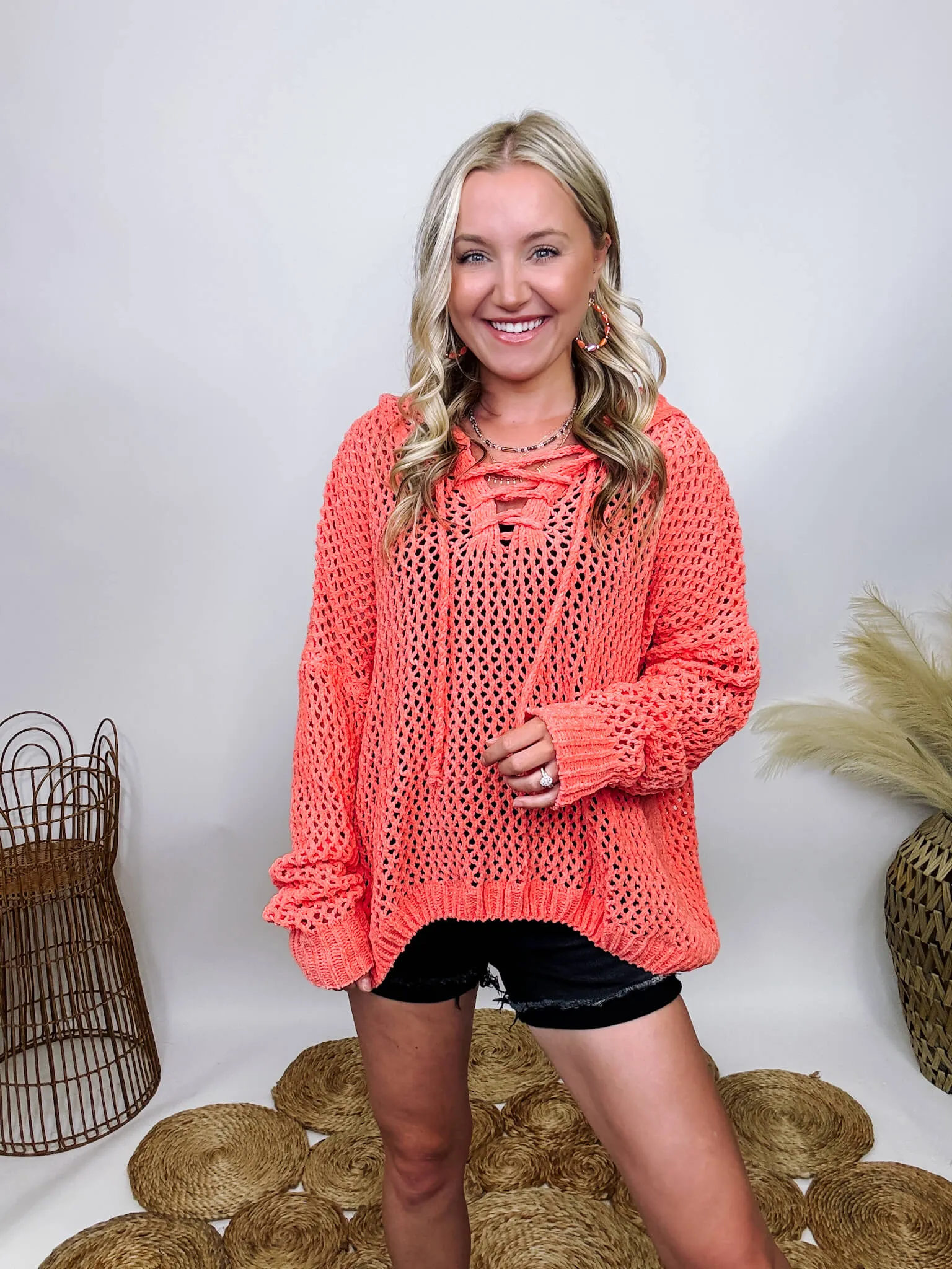 DOORBUSTER - Coral Lace Up Cable Knit Chenille Hoodie Summer Sweater