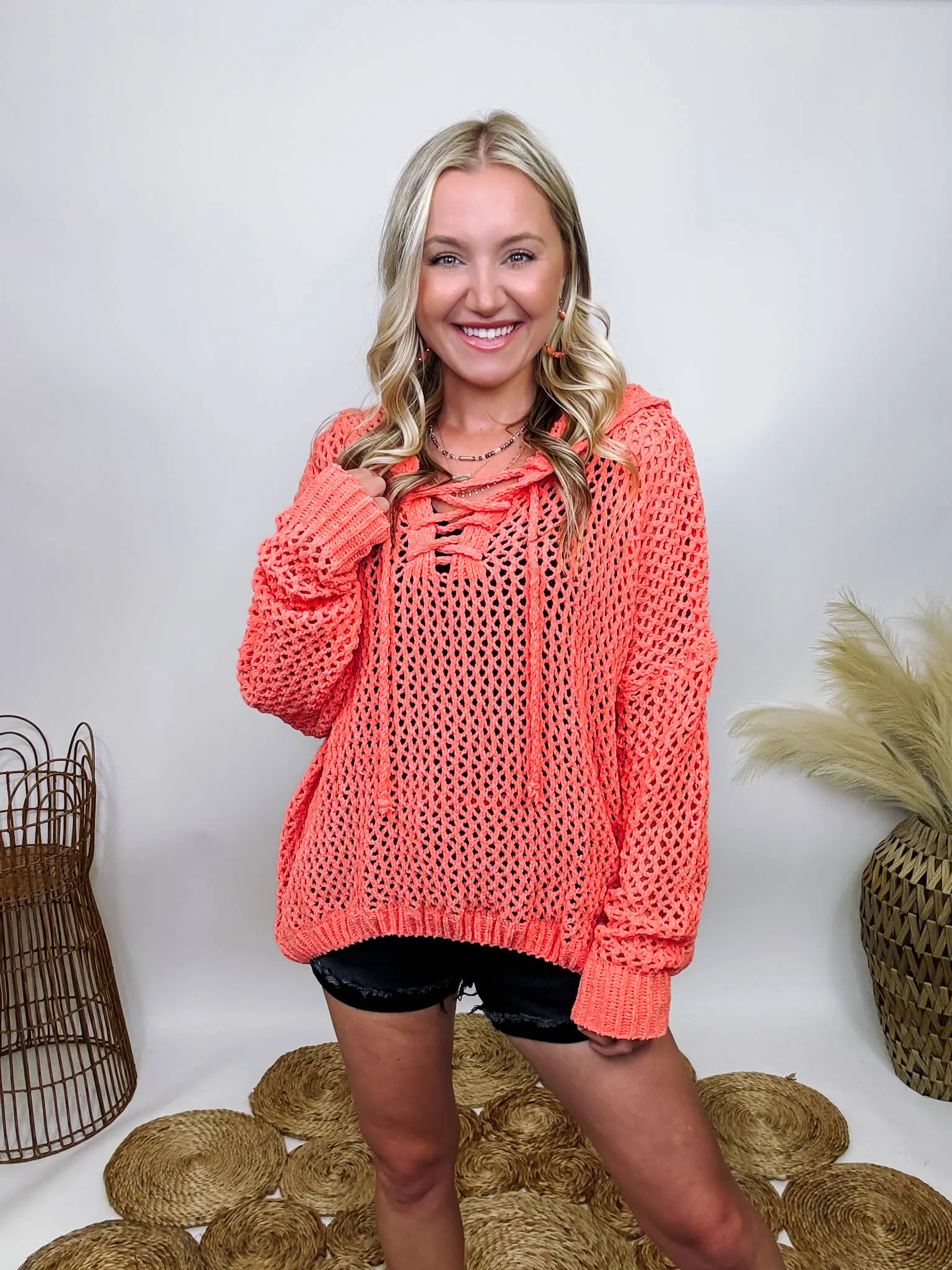 DOORBUSTER - Coral Lace Up Cable Knit Chenille Hoodie Summer Sweater