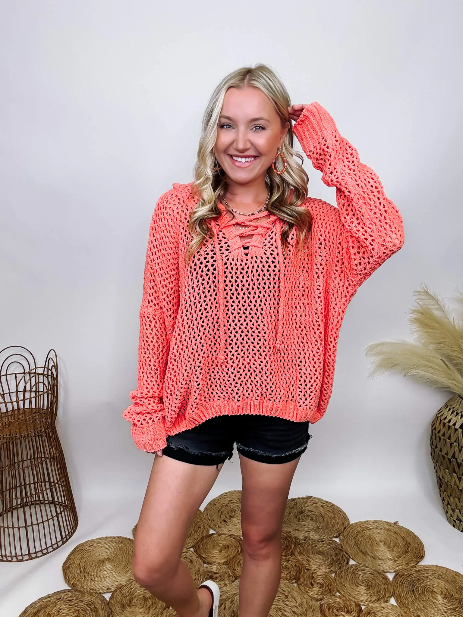 DOORBUSTER - Coral Lace Up Cable Knit Chenille Hoodie Summer Sweater