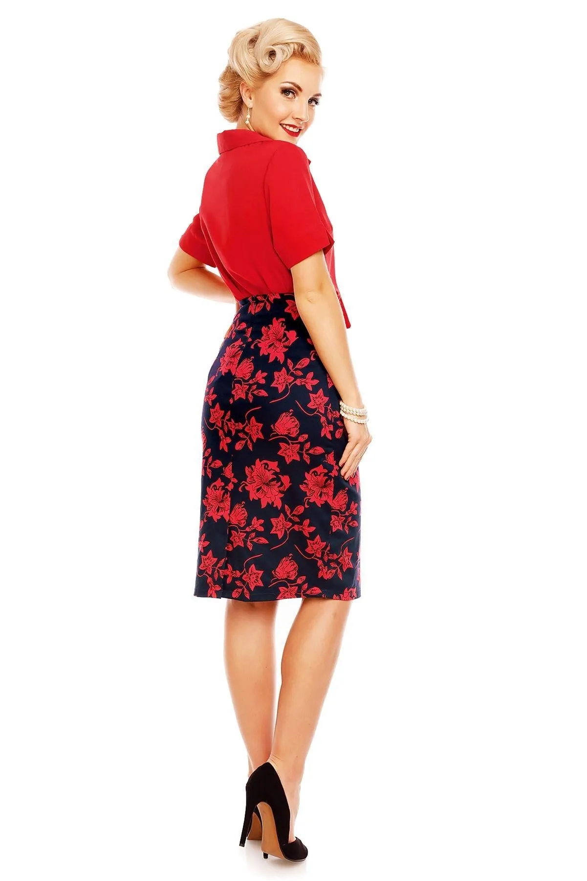 Falda Chic Pencil Floral Skirt in Navy Blue-Red