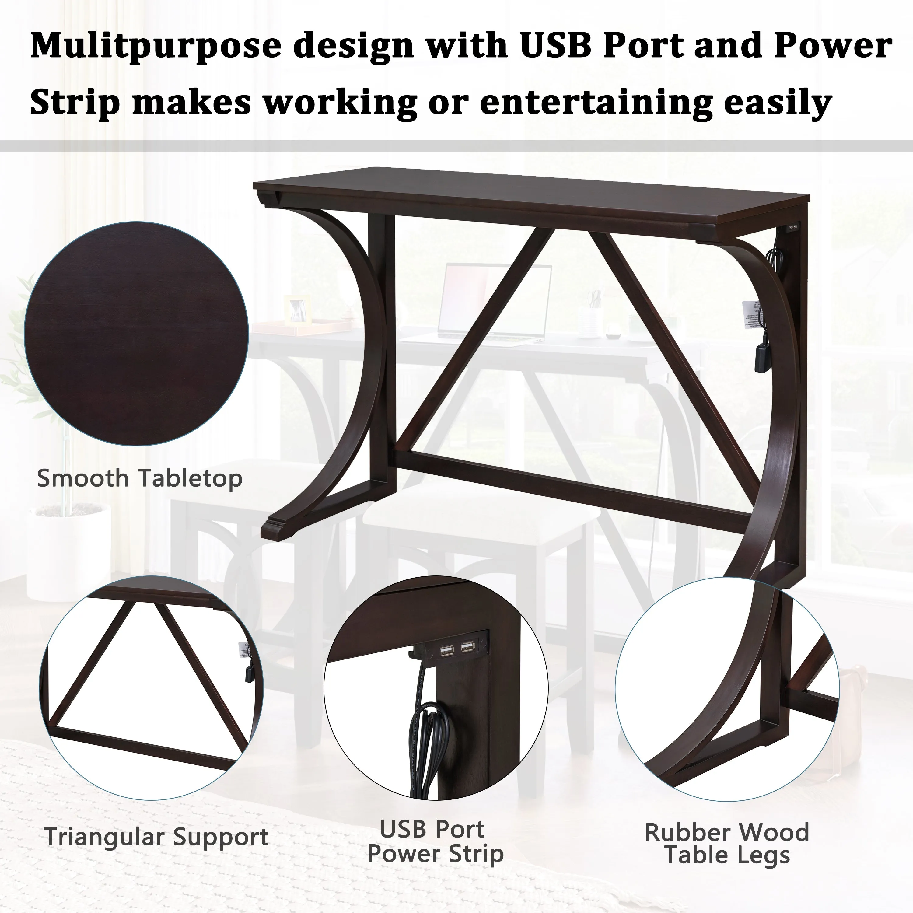 Farmhouse 3-Piece Counter Height Dining Table Set with USB Port