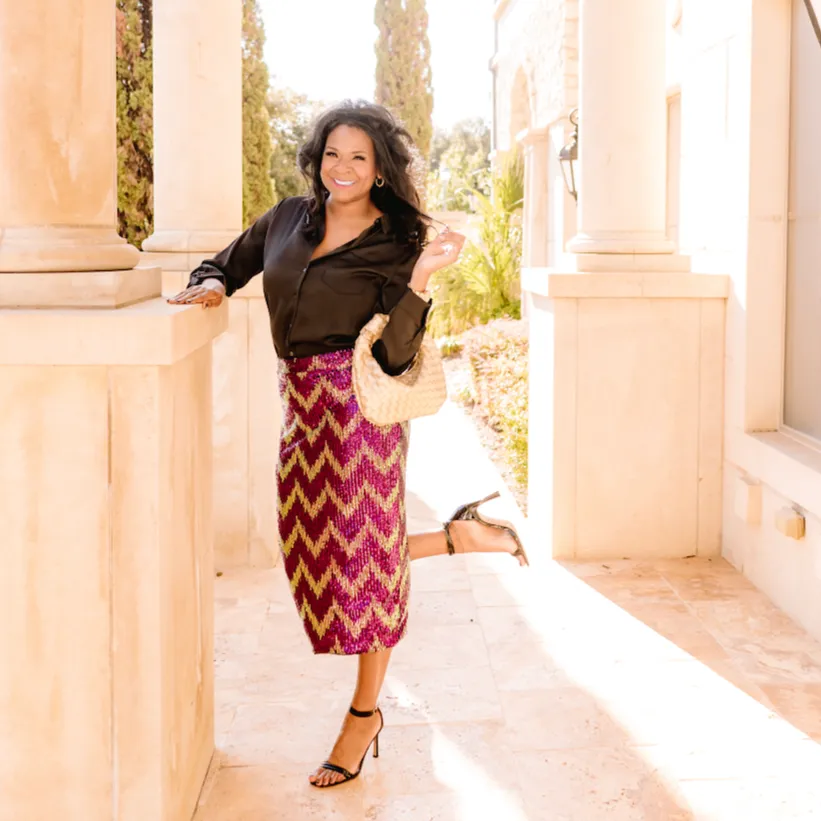 Fuchsia Festivities Chevron Sequined Midi Skirt