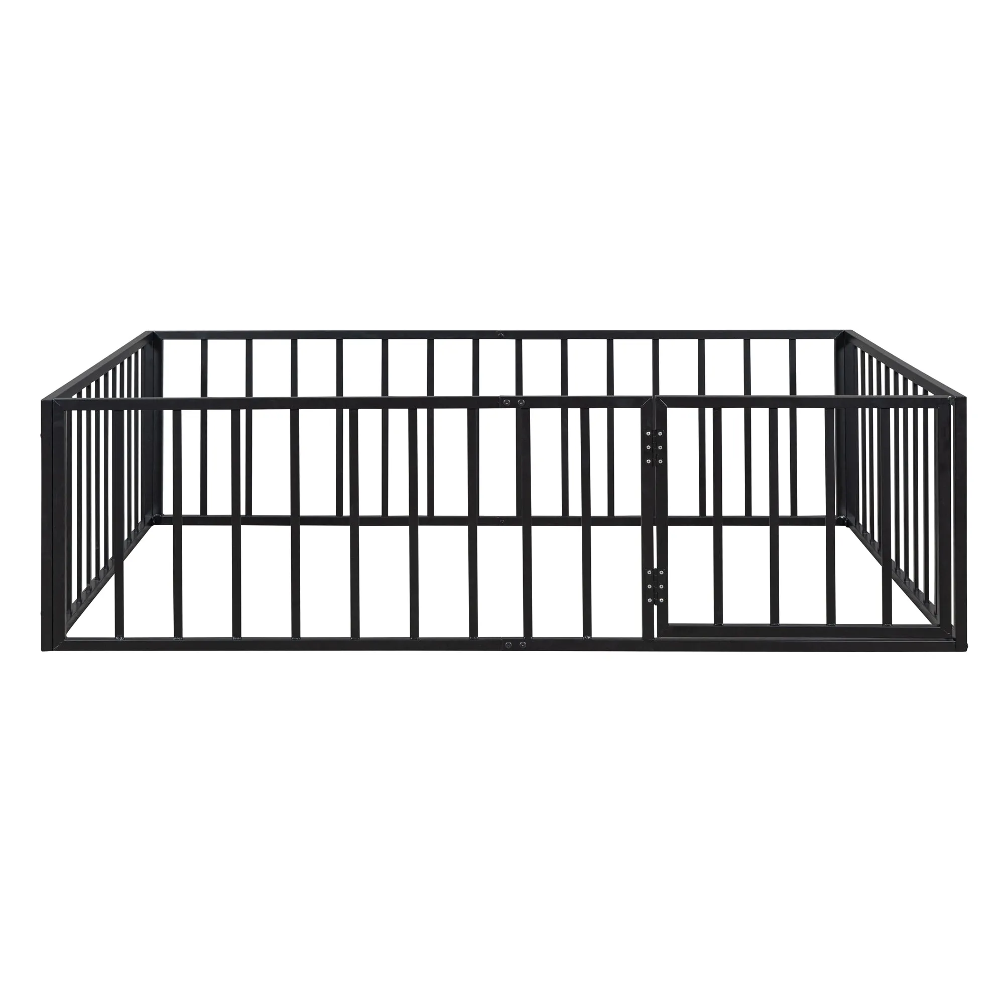 Full Size Metal Floor Bed Frame with Fence and Door, Black