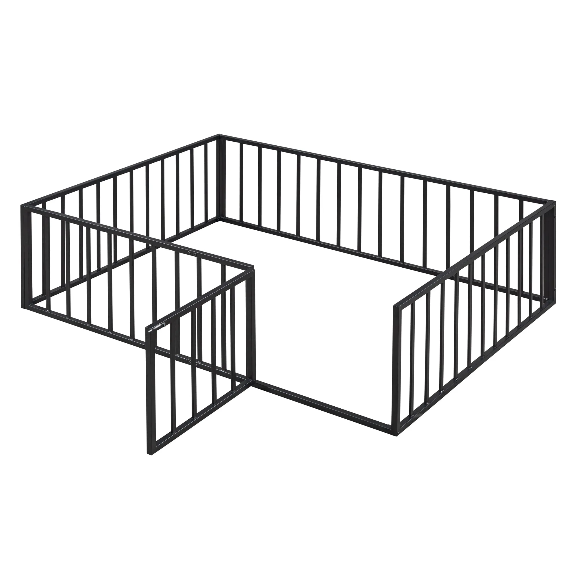 Full Size Metal Floor Bed Frame with Fence and Door, Black