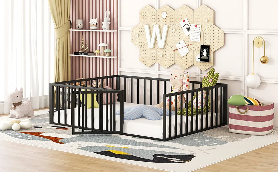 Full Size Metal Floor Bed Frame with Fence and Door, Black