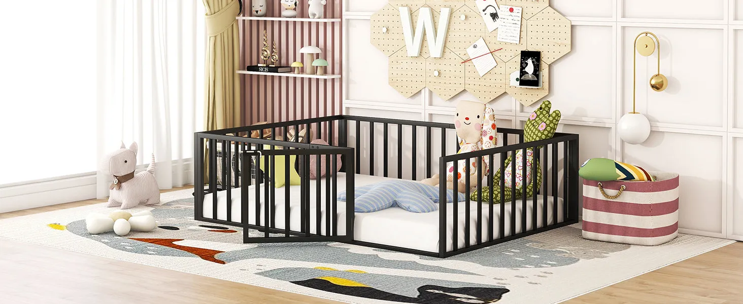 Full Size Metal Floor Bed Frame with Fence and Door, Black