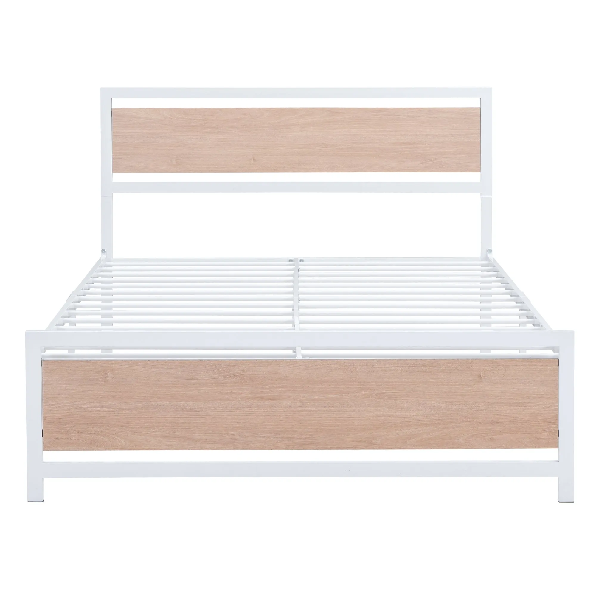 Full Size Platform Bed, Metal and Wood Bed Frame with Headboard and Footboard , White