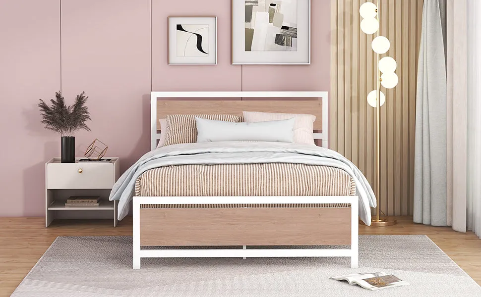 Full Size Platform Bed, Metal and Wood Bed Frame with Headboard and Footboard , White