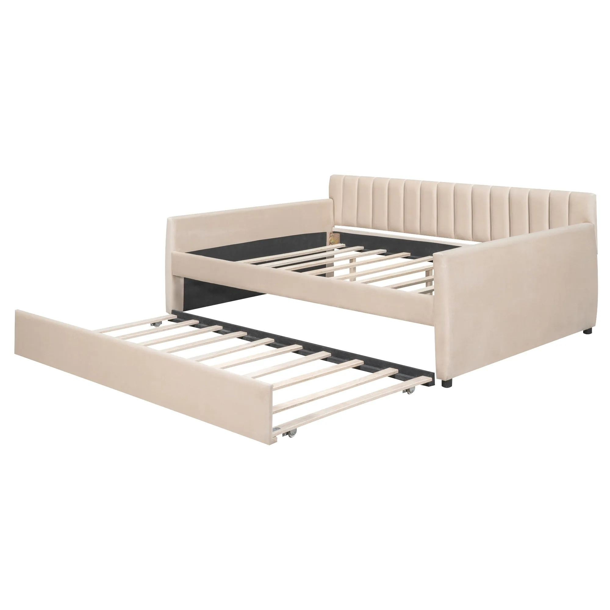 Full Size Upholstered daybed with Trundle and Wood Slat Support, Beige