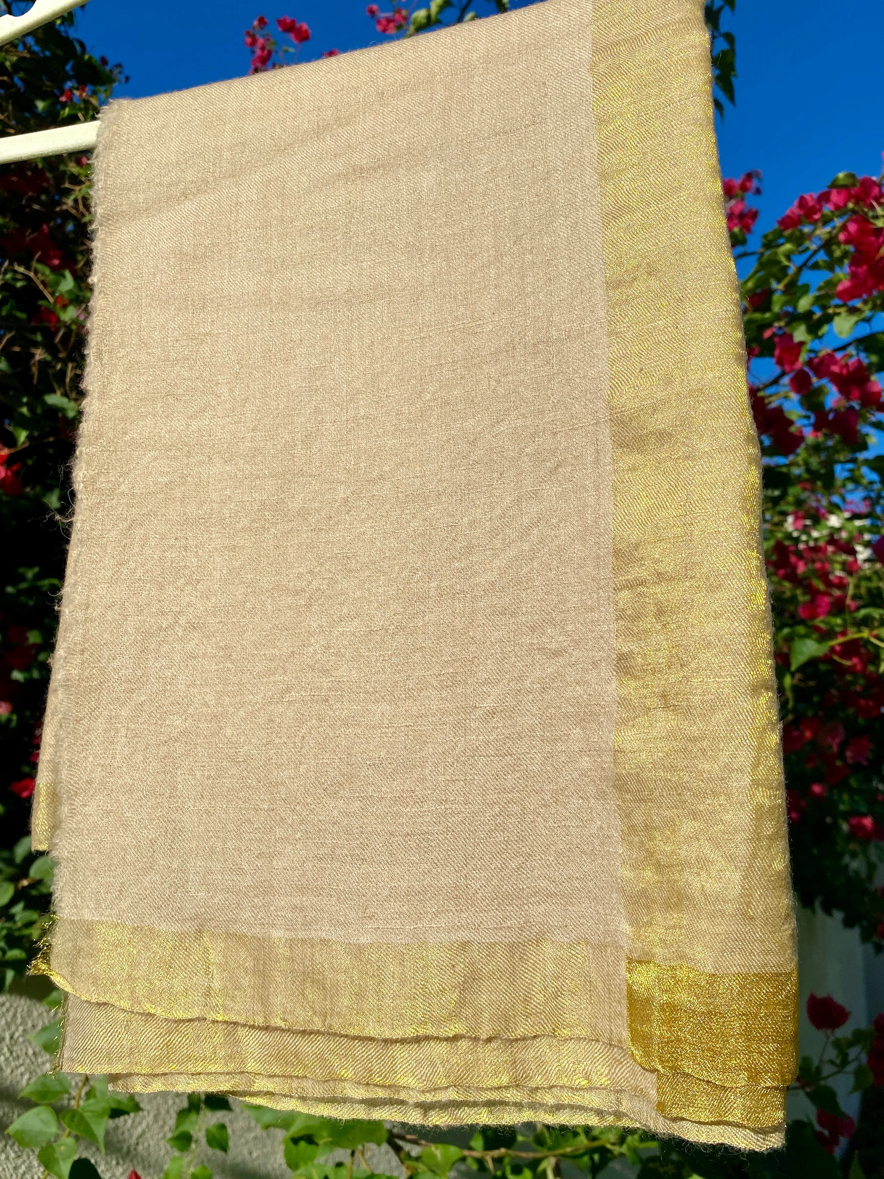 Gold Metallic Stripe Natural Kashmiri Pashmina Shawl ONE OF A KIND