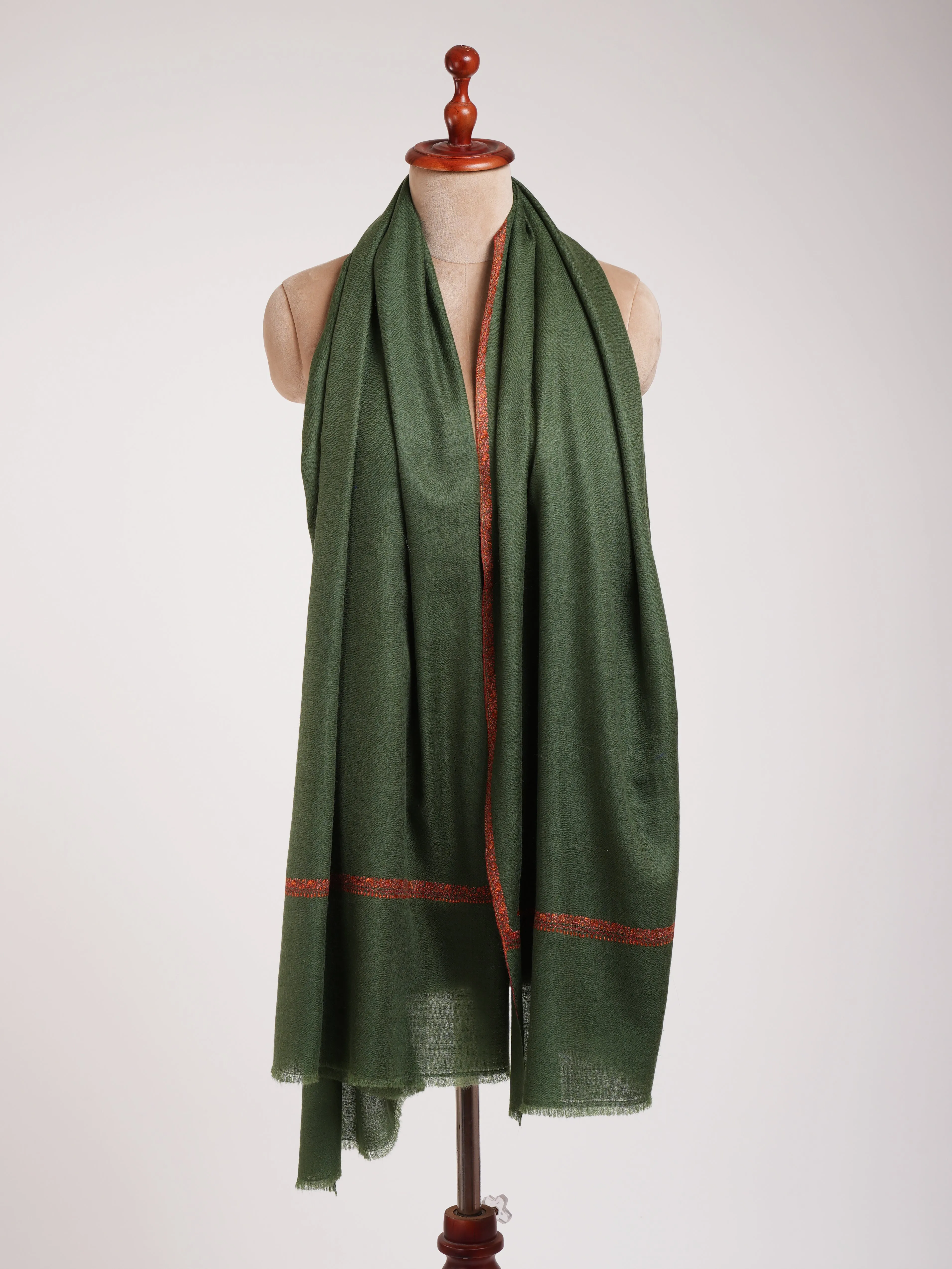 Green Bail Dar Sozni Embroidered  Kashmiri Pashmina Shawl