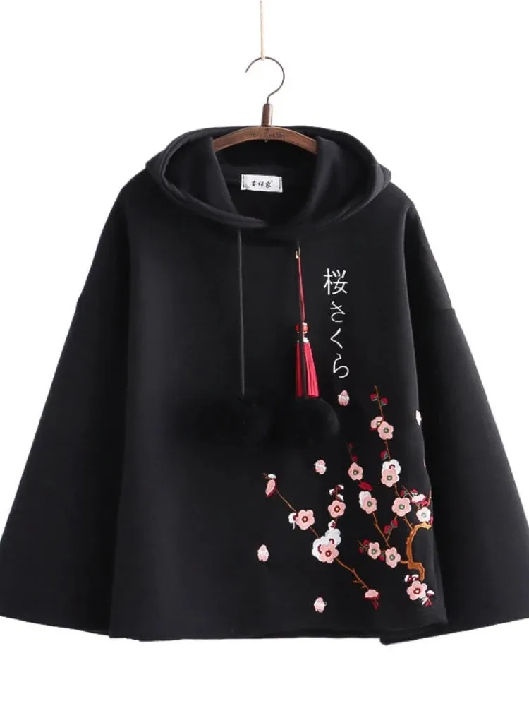 Harakuju Women Hoodies Floral Embroidery Hooded Sweatshirts Winter Full Sleeve Sweet Style Female Cotton Kawaii Pullover