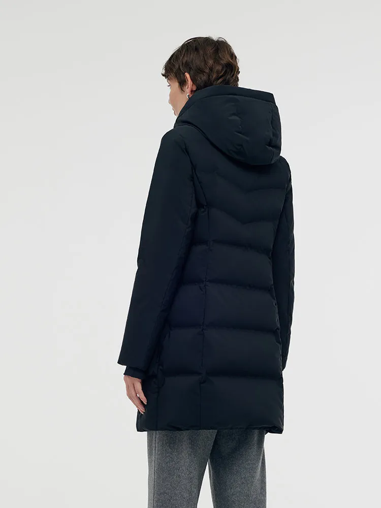 Hooded Goose Down Coat With Knit Cuff