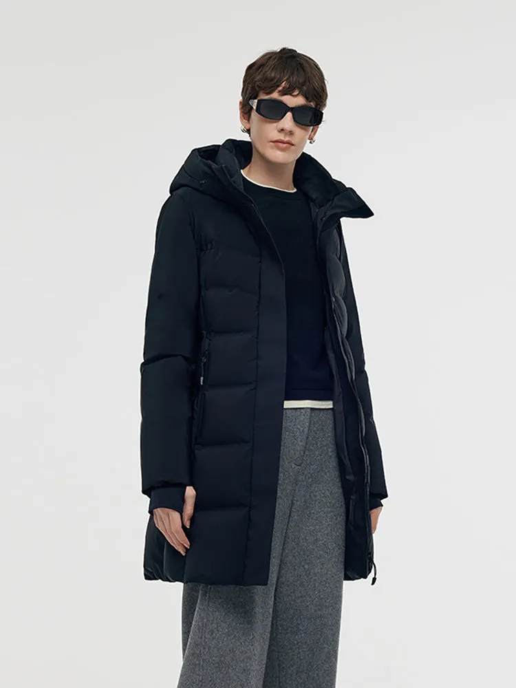 Hooded Goose Down Coat With Knit Cuff