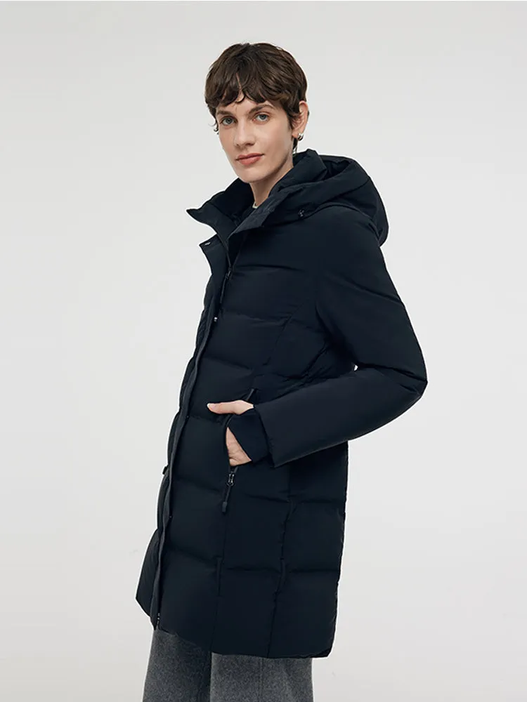 Hooded Goose Down Coat With Knit Cuff