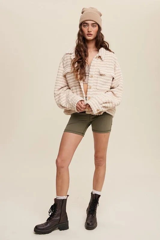 Hot Girl Fuzzy Stripes Fleece Shacket In Cream