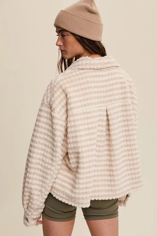 Hot Girl Fuzzy Stripes Fleece Shacket In Cream