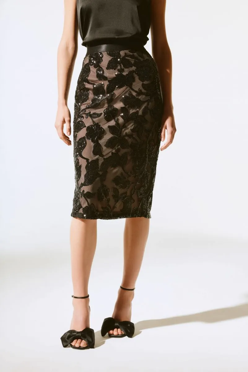 Joseph Ribkoff Black Sequin Floral Pull-On Mesh Pencil Skirt 243710