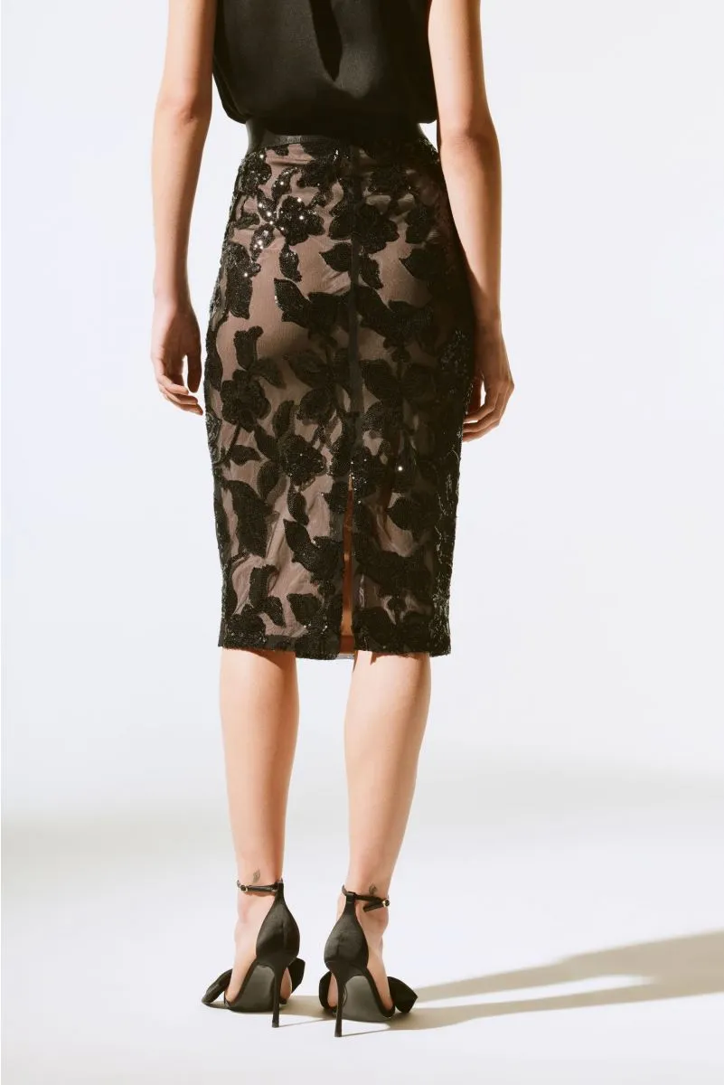 Joseph Ribkoff Black Sequin Floral Pull-On Mesh Pencil Skirt 243710