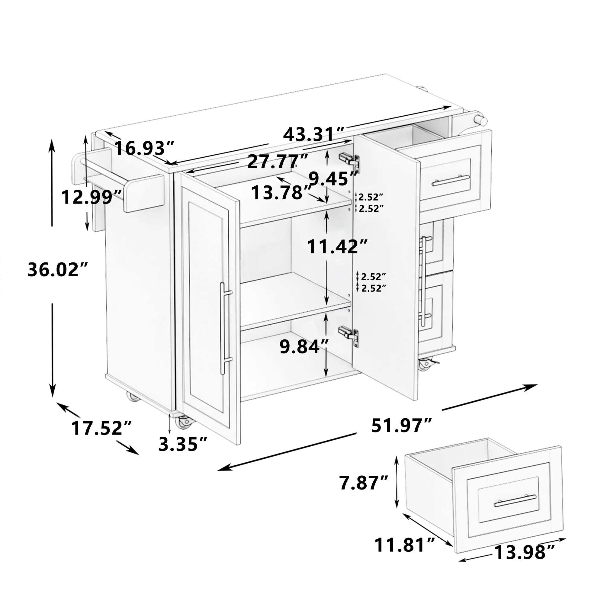 Kitchen Island Cart with 2 Door Cabinet and Three Drawers,43.31 Inch Width with Spice Rack, Towel Rack （White)