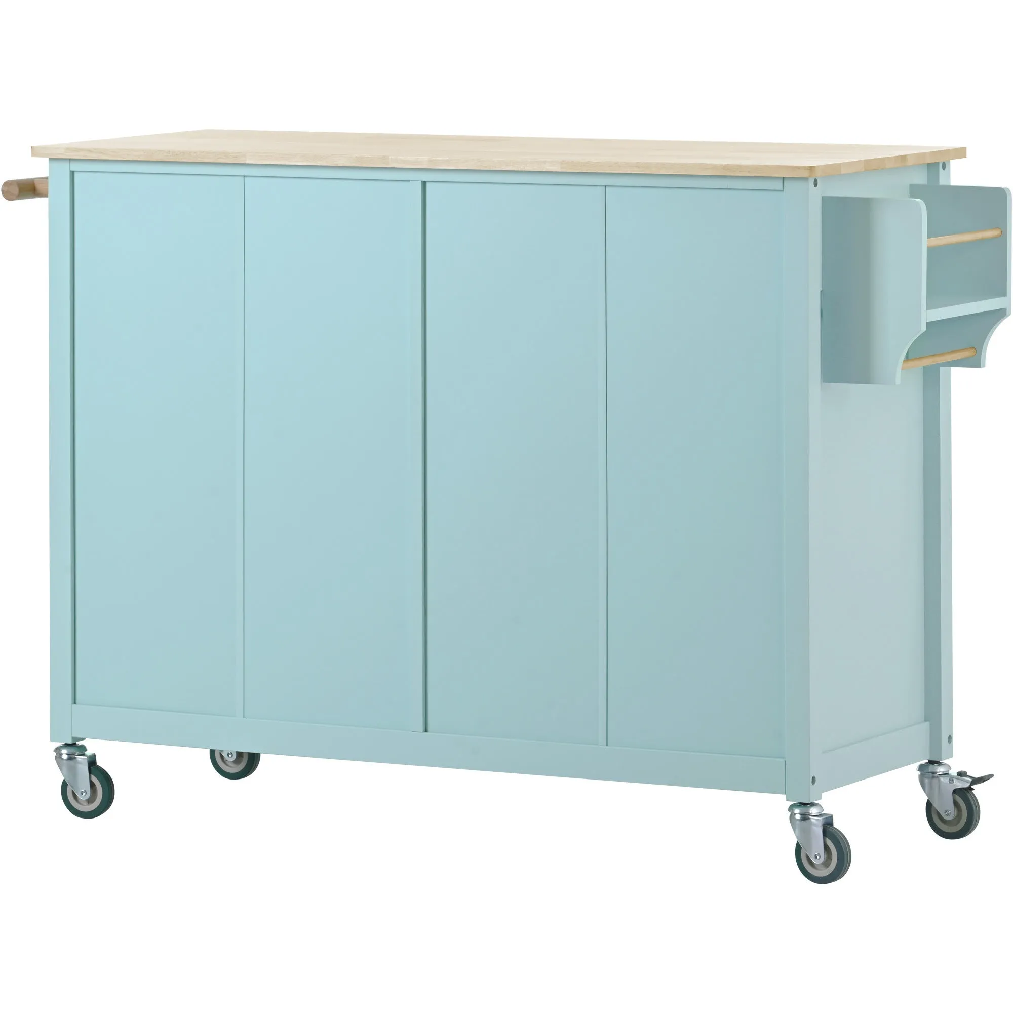 Kitchen Island Cart with 4 Door Cabinet and Two Drawers and 2 Locking Wheels - Solid Wood Top, Adjustable Shelves, Spice & Towel Rack(Mint Green)