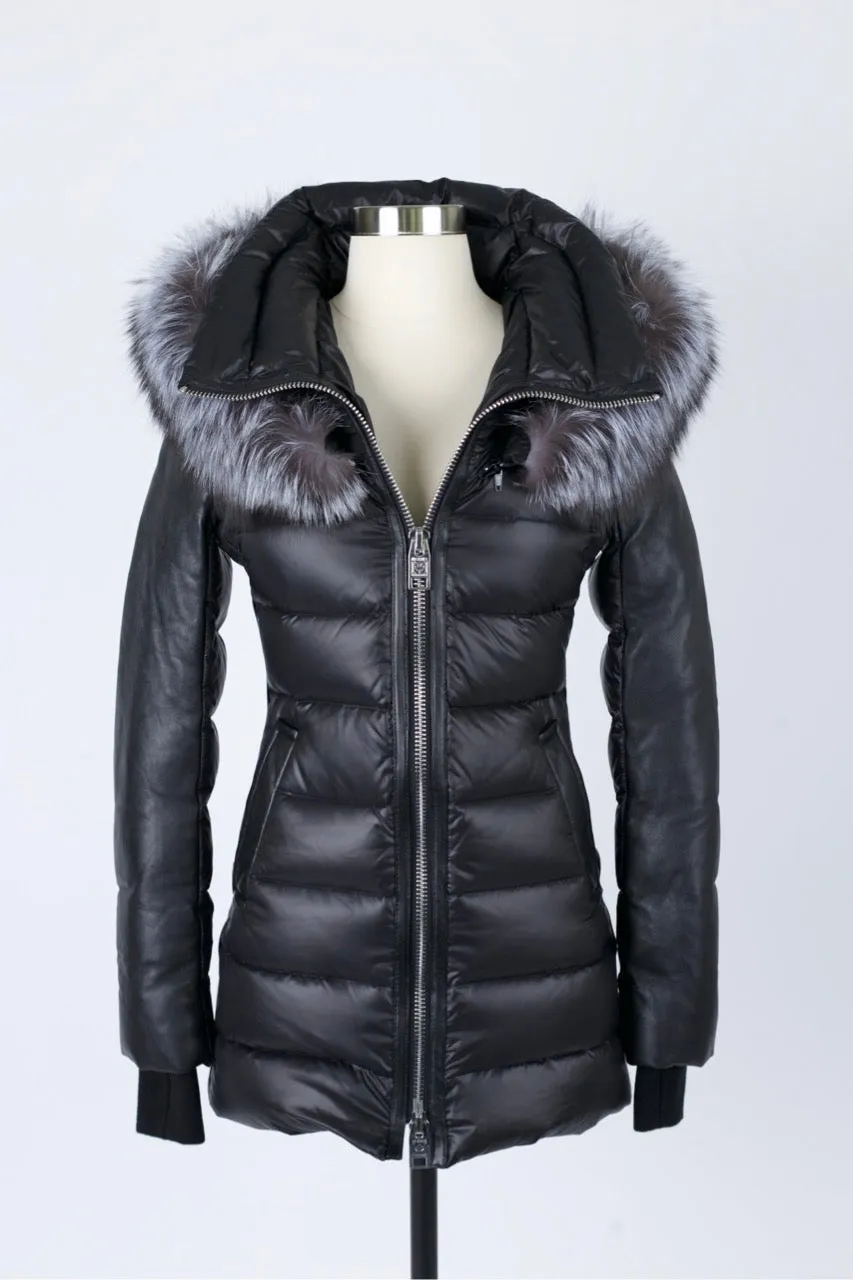 Leather Trim Down Parka W/ Fur Hood