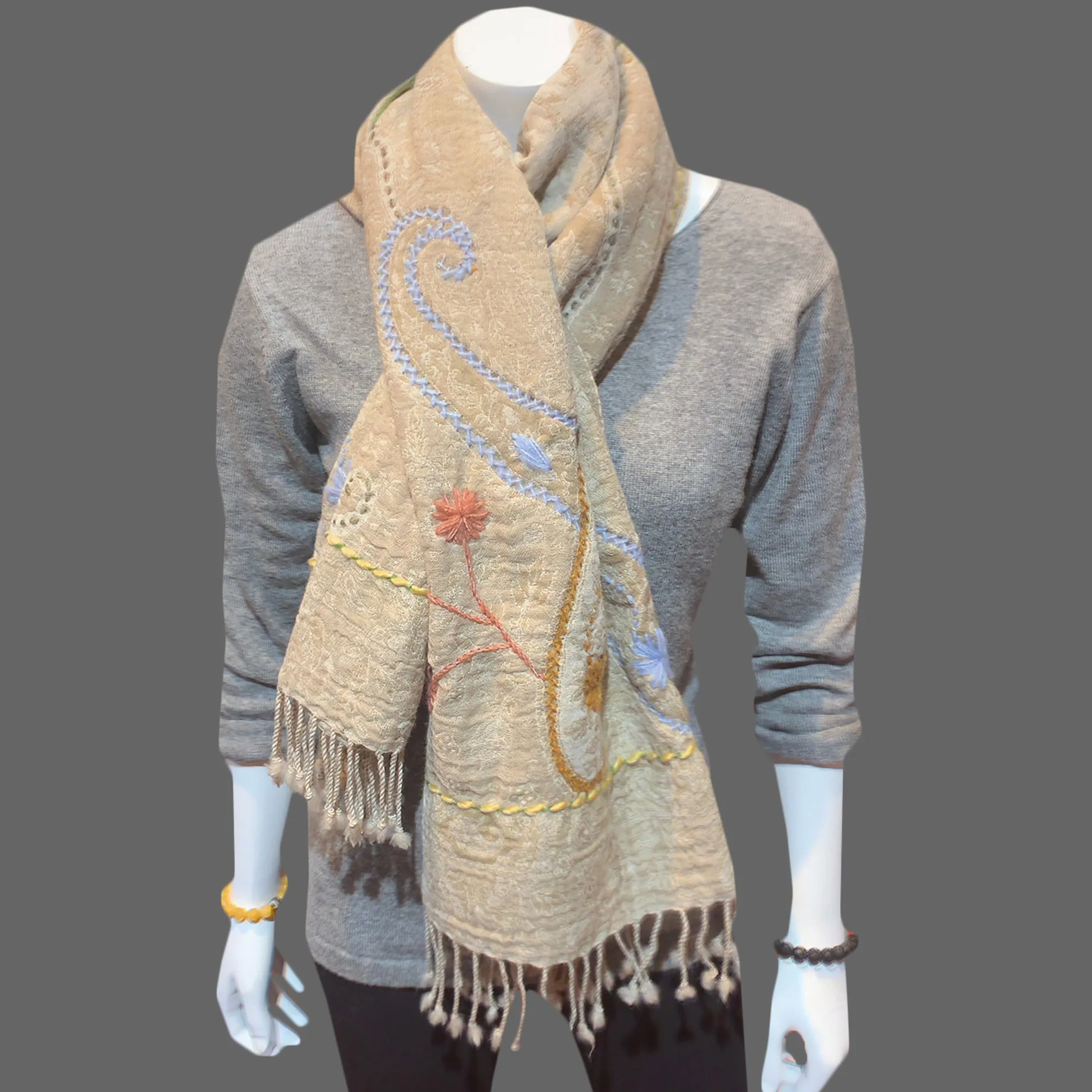 Light Brown Embroidered scarf shawl Fringed