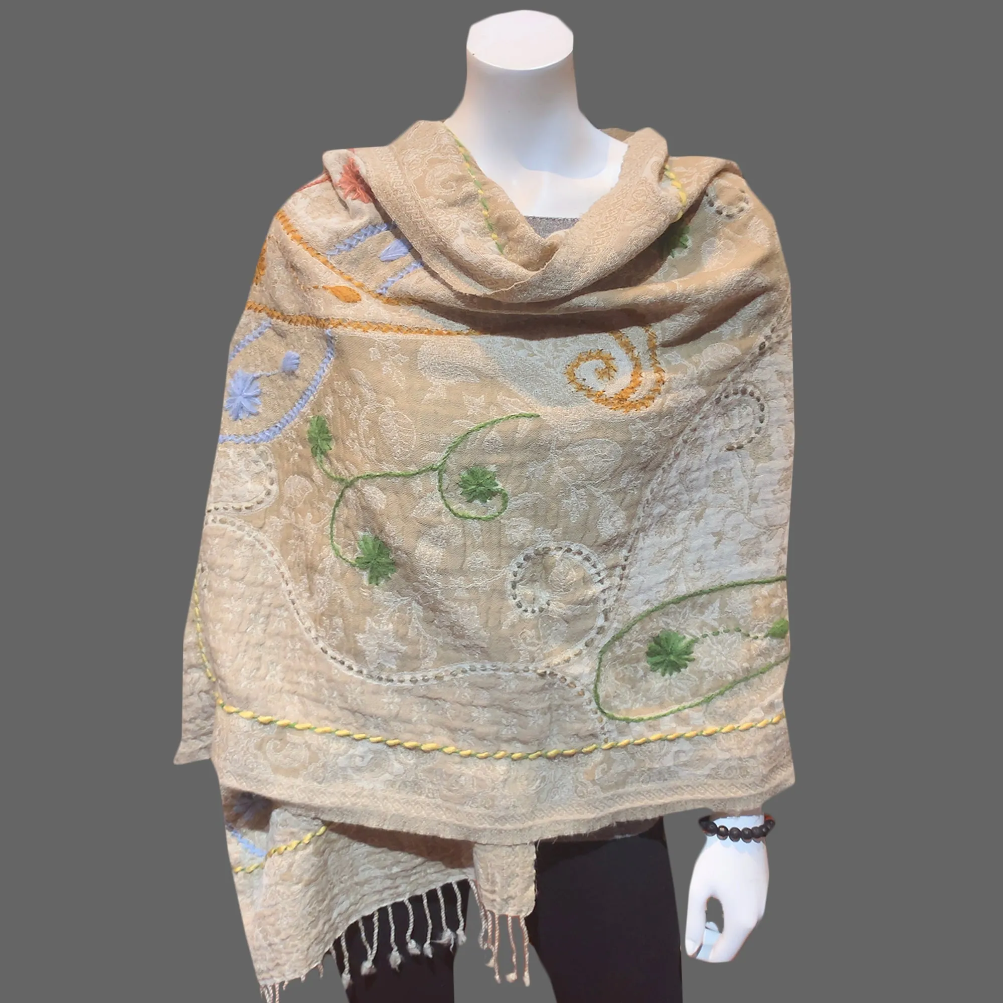 Light Brown Embroidered scarf shawl Fringed