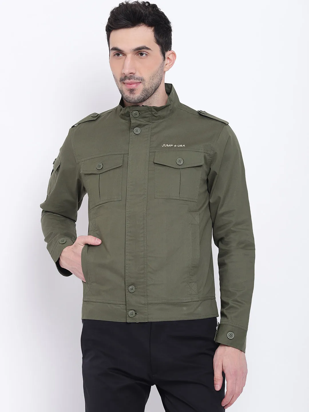 Men Casual Solid Olive Tailored Jacket